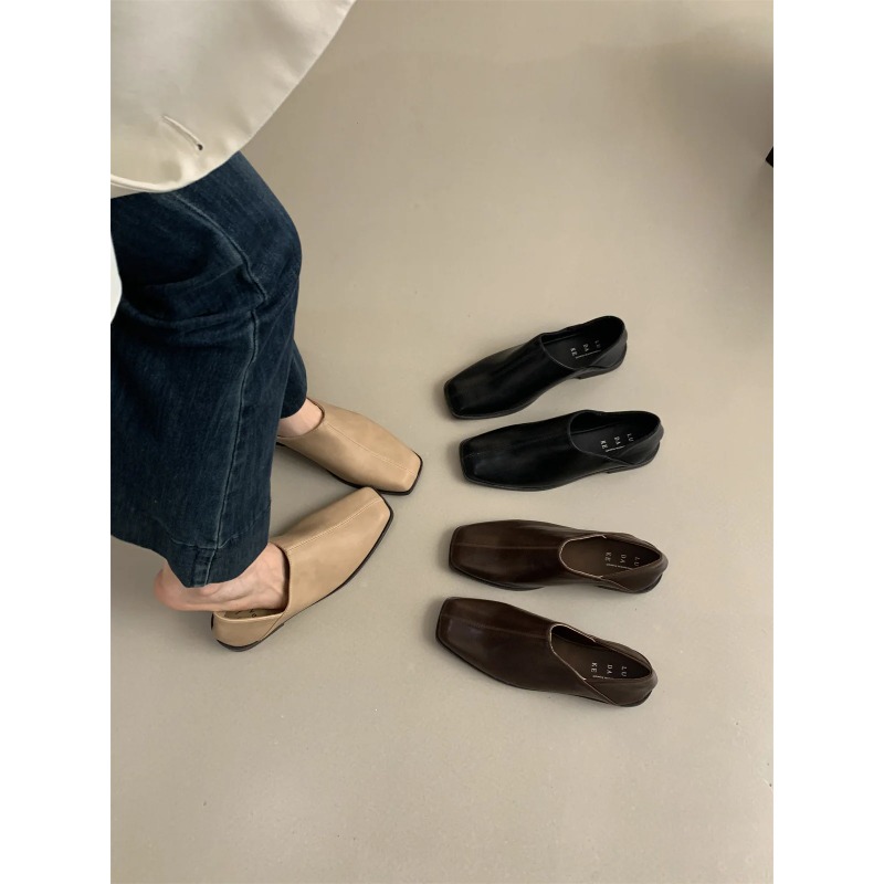 Shoes For Women Flats - Retro Square Head Flat Leather Shoes
