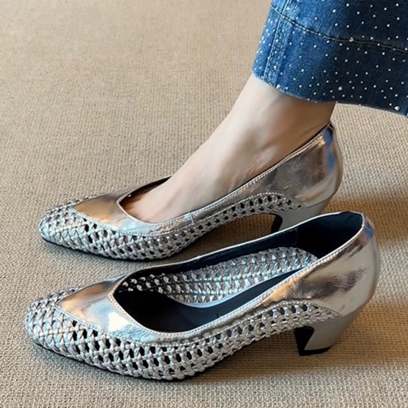 Women Shoes Japanese Brand - Brand Designer Woven Hollow Silver Pumps