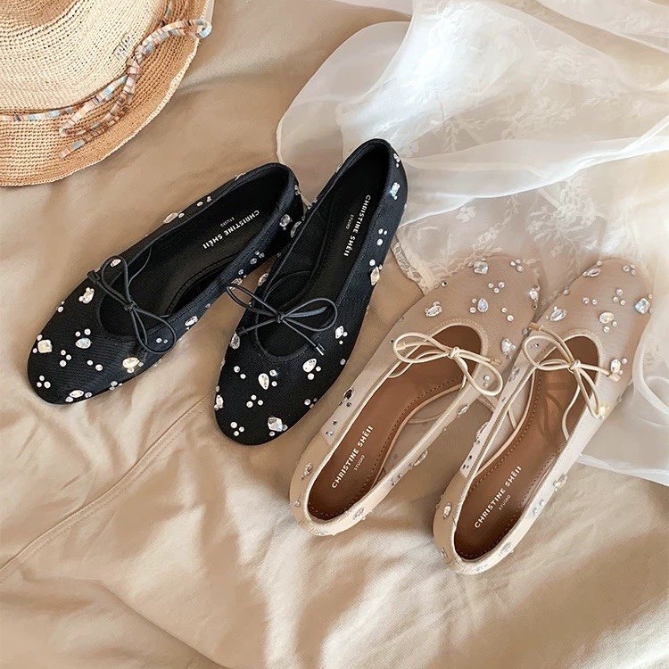 Mesh Rhinestone Bow Flat Mary  - Shoes For Women Flats avaliação e preço