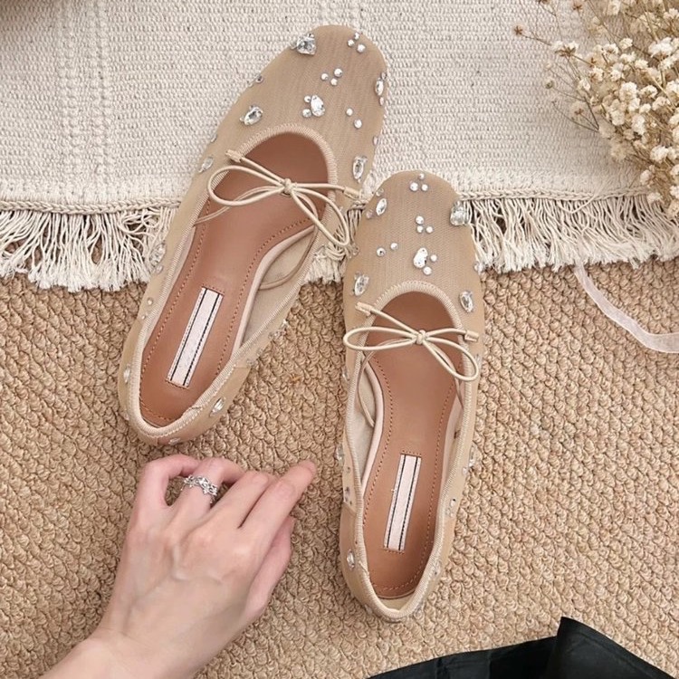 Mesh Rhinestone Bow Flat Mary  - Shoes For Women Flats avaliação e preço
